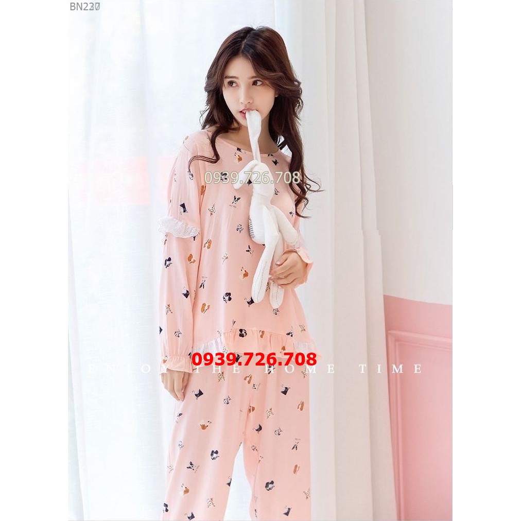 Bộ ngủ nữ đẹp quần dài - Bộ đồ cotton lụa dài tay mặc nhà chất vải mịn thoáng mát MÀU xanh và hồng