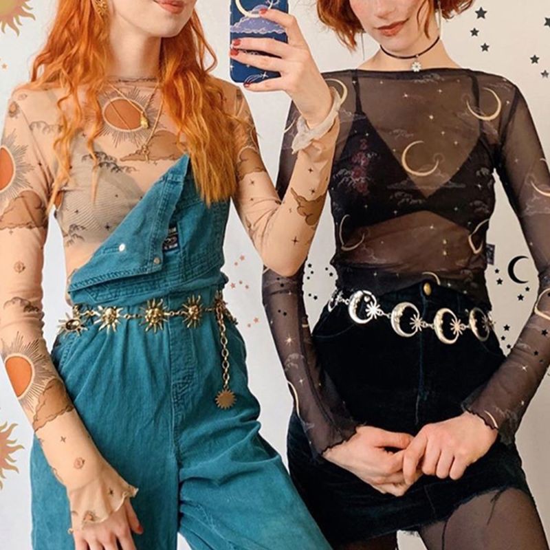 Áo Crop Top Lưới Tay Dài Trong Suốt In Họa Tiết Mặt Trăng Mặt Trời Đám Mây Dành Cho Nữ