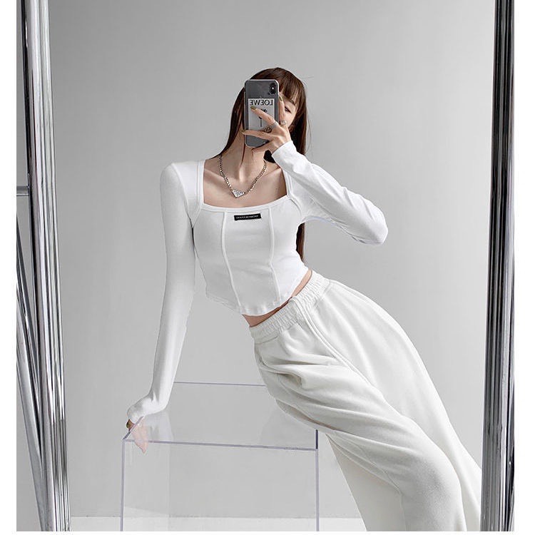 Áo croptop nữ cổ vuông dài tay thêu đắp Shynstores form ôm vải co giãn freeship