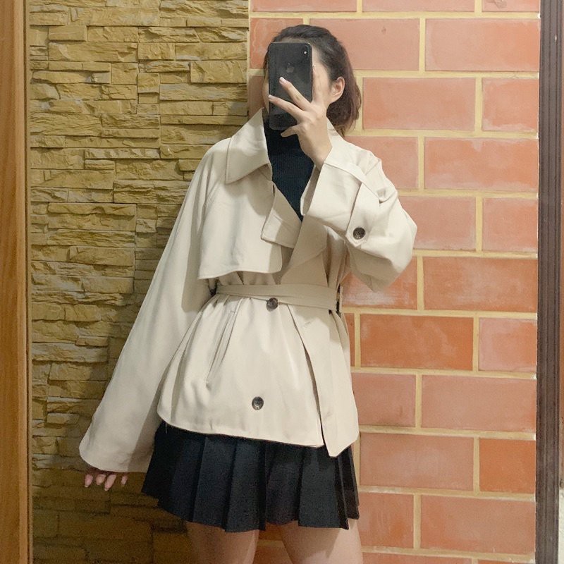 Áo khoác nữ mangto dáng ngắn 2 lớp (măng tô), áo khoác mangto nữ cổ vest dáng ngắn kèm đai kiểu Hàn Quốc