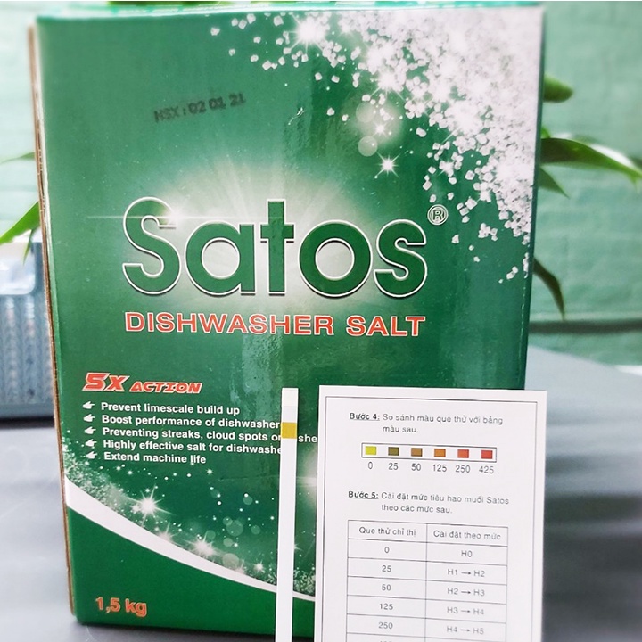 Muối rửa bát Satos 3.6kg, kèm que thử nước cứng, độ tinh khiết 99.4%, muối cho máy rửa chén Bosch, Hafele, Eurosun...