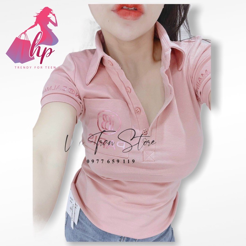 áo thun nữ cổ bẻ ôm body phom thường in hoạ tiết mẫu mới 2021