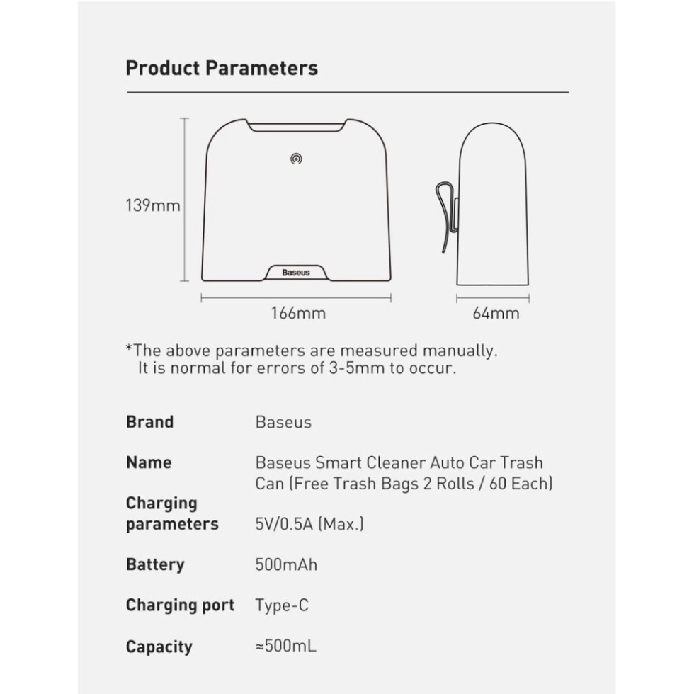 Thùng Rác Ô Tô Baseus Thông Minh Cảm Ứng Đóng Mở Nắp Tự Động Gắn Lưng Ghế (Kèm 2 Cuộn 60 Túi Rác) - TopLink