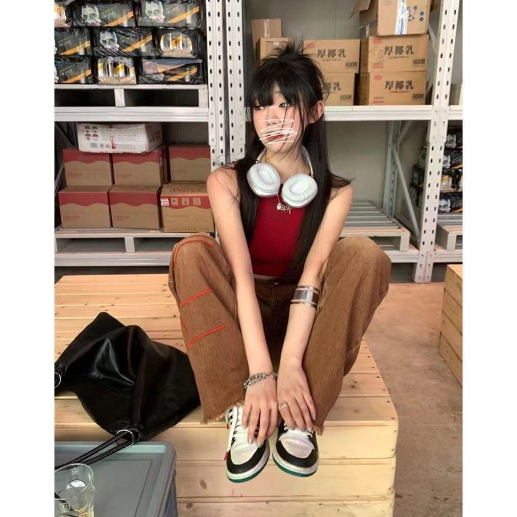 Quần Jean Ống Suông Rộng Màu Cà Phê Phong Cách Retro Hong Kong Thời Trang Mùa Thu Cho Nữ