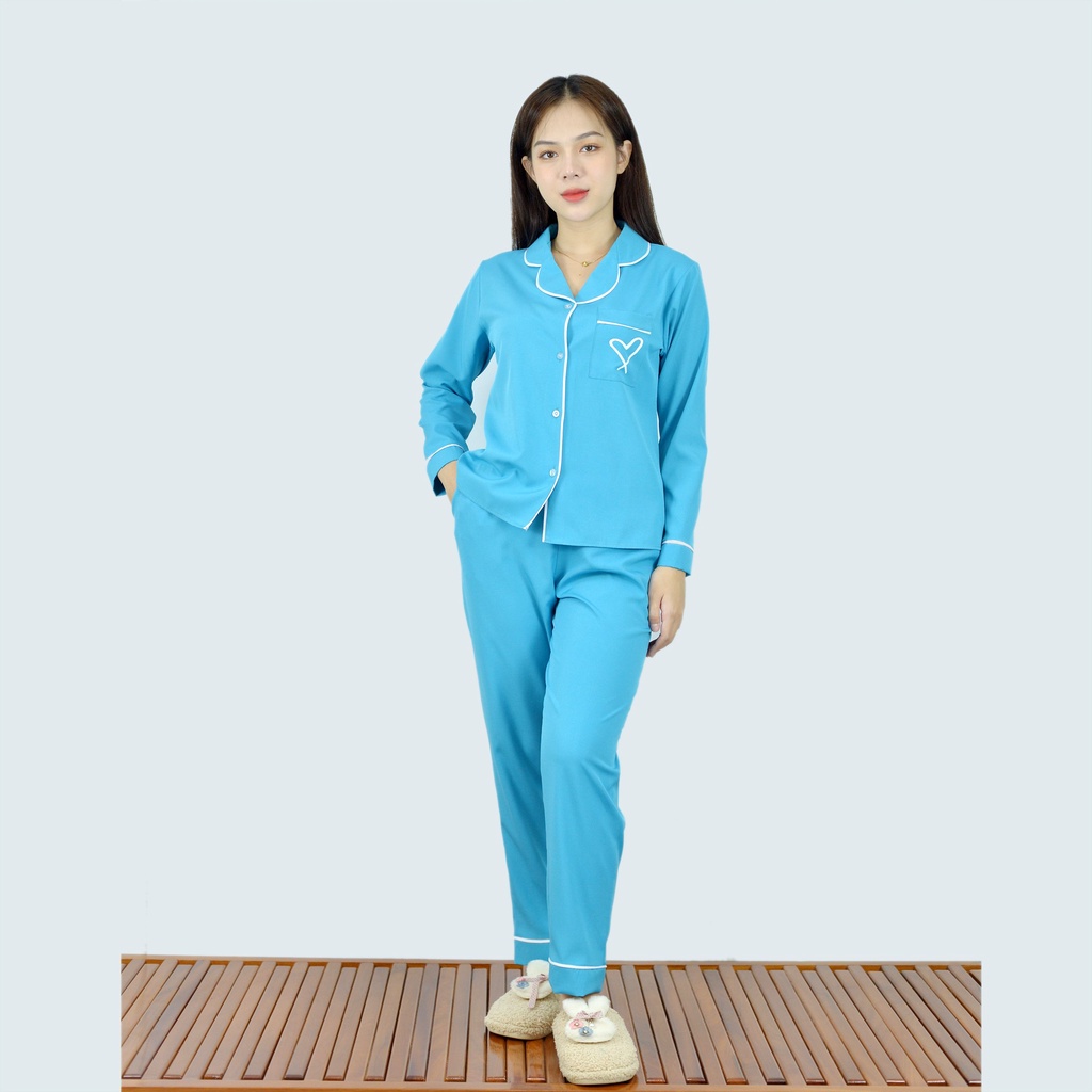 Bộ đồ bộ Pijama màu XANH TRÁI TIM TÚI tay dài quần dài lụa cao cấp - Thoải Mái Nhẹ Nhàng