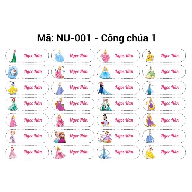 Set Decal in tên bé gái siêu cute 112 tem - Mã NU-001: Công chúa Disney