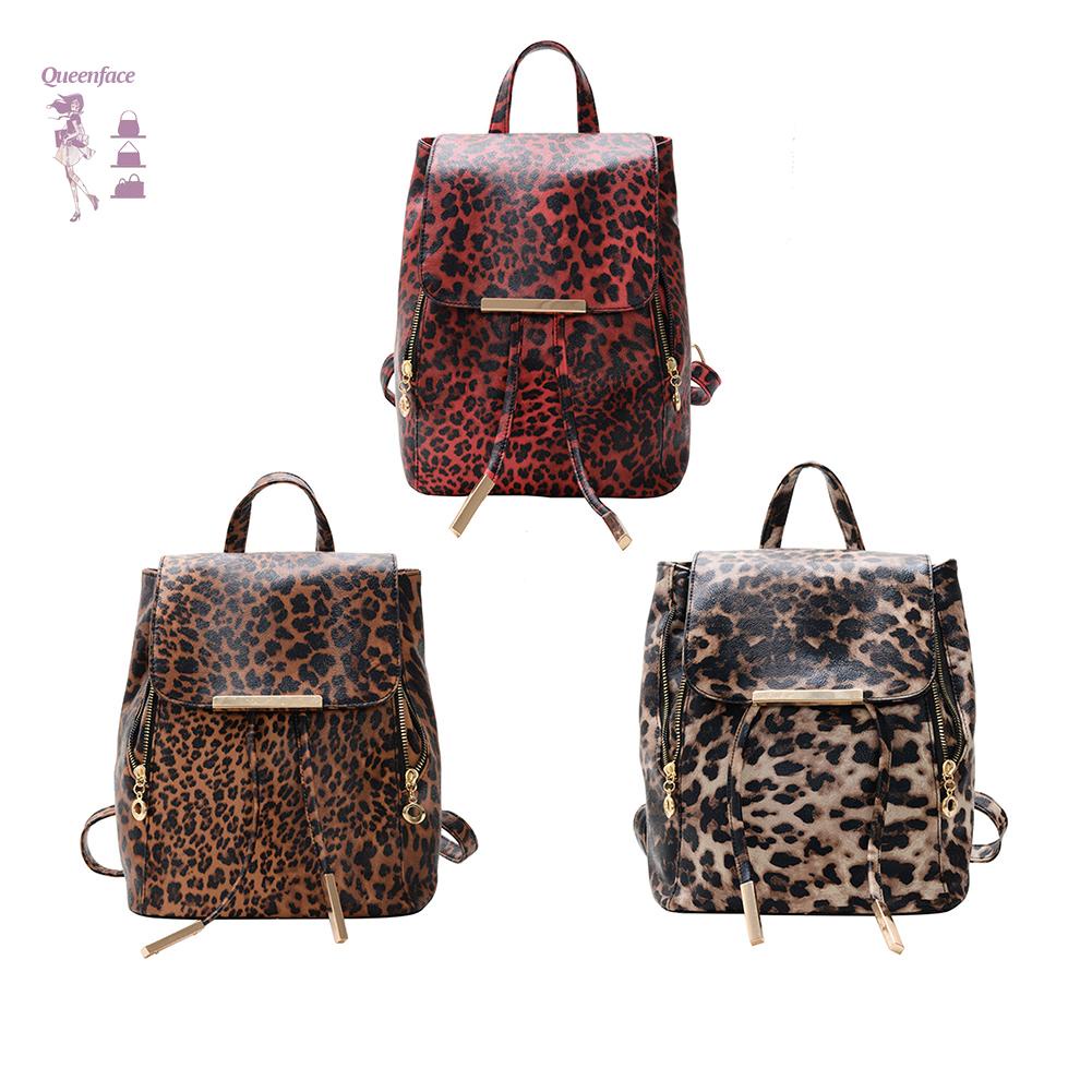 Queen_Fashion Leopard Women Backpack Retro PU Leather Travel Shoulder Schoolbags ☆