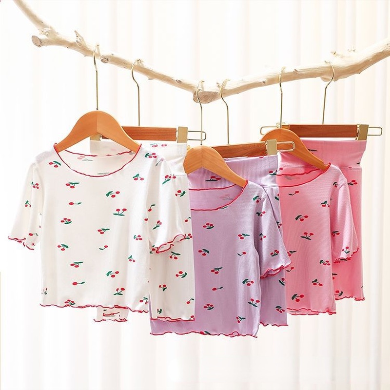 Bộ Đồ Ngủ Tay Ngắn In Hình Quả Anh Đào + Quần Dài Eo Cao Thời Trang Mùa Hè Hàn Quốc Cho Bé Gái 0-7 Tuổi