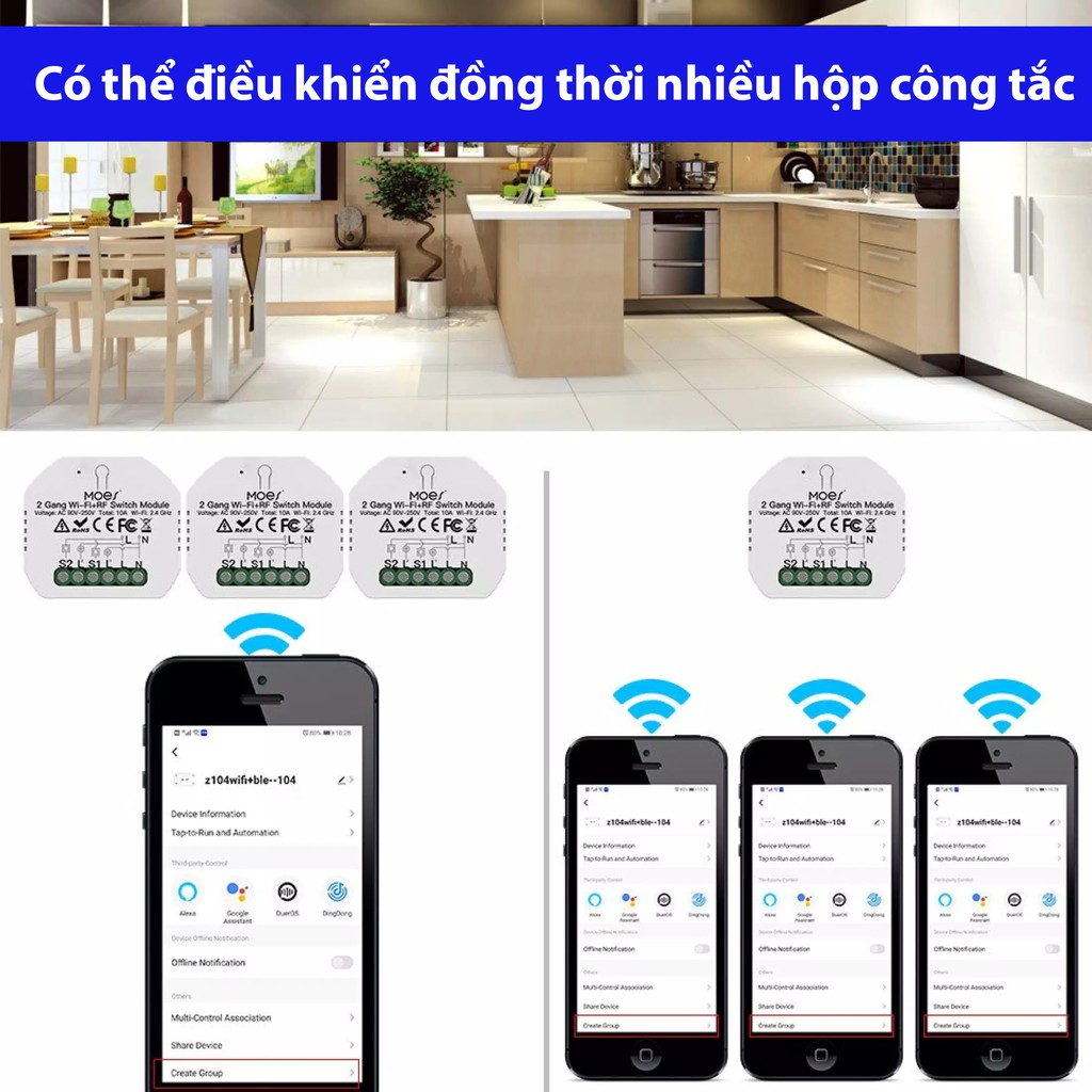 Hộp công tắc 2 cổng wifi + remote RF siêu nhỏ 10A Homematic WMSV2