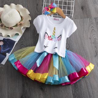 Set áo in hình kỳ lân + váy màu cầu vòng + kẹp tóc đáng yêu