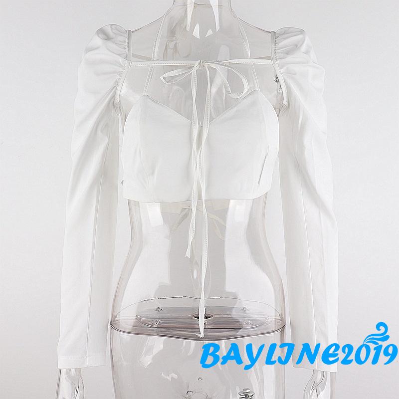 Áo Thun Tay Dài Cổ Chữ V Cột Dây Hở Lưng Màu Trơn Thời Trang Cho Nữ