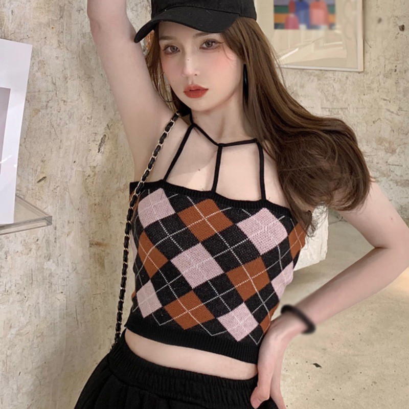 Áo Hai Dây Dệt Kim Hoạ Tiết Hình Thoi Cho Nữ