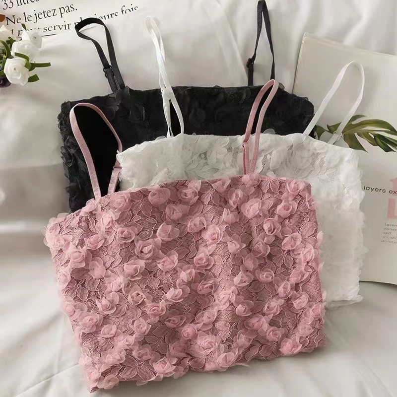 Áo bra ren 2 dây dáng croptop có mút ngực ren hoa hồng - AK2044