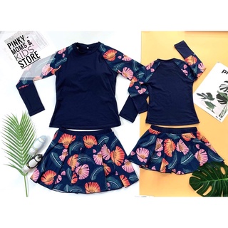 Đồ bơi mẹ và bé gái tay dài, áo bơi gia đình chống nắng hoạ tiết hoa lá nhiệt đới, màu xanh tím than