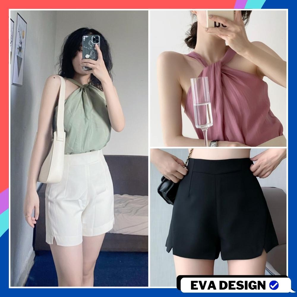 Set bộ nữ gồm áo yếm lụa thiết kế và quần short cạp cao lịch sự phong cách hàn quốc mặc đi chơi dạo phố du lịch biển