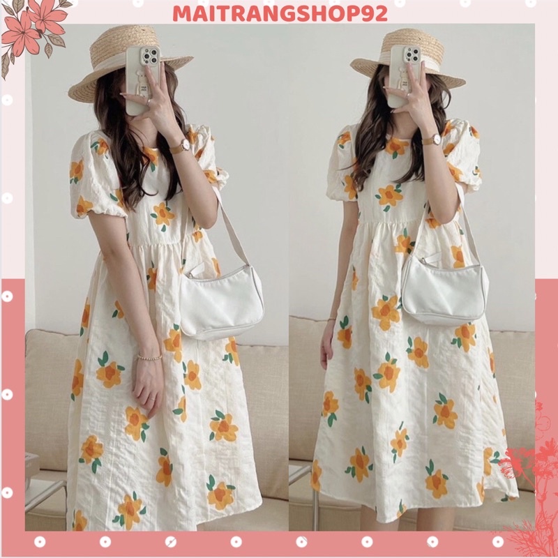 Váy babydoll dáng dài xòe tay bồng họa tiết hoa cam vải xốp tiểu thư siêu đẹp (TTA126)