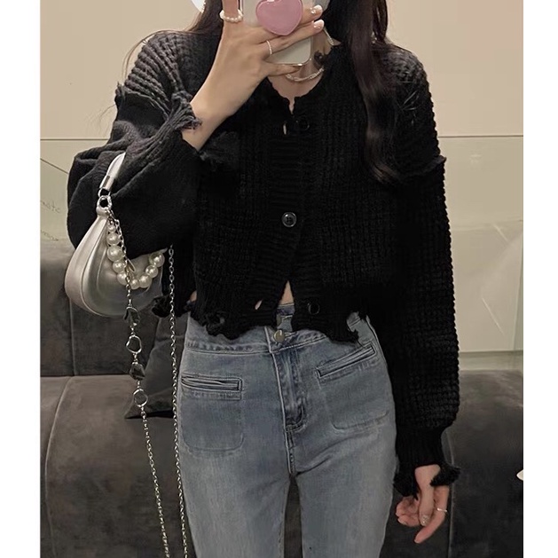 Áo khoác len croptop Forgirl tay bồng phối viền xẻ