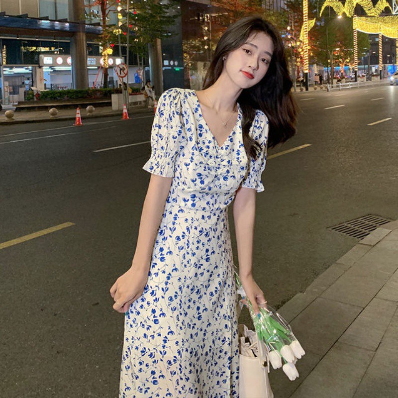Đầm Hoa Xanh Thời Trang Mùa Hè Phong Cách Hàn Quốc Cho Nữ