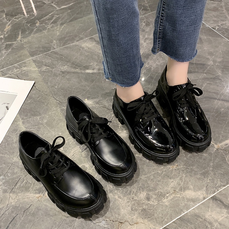 Giày Da Mũi Tròn Đế Dày Buộc Dây Màu Trơn Thời Trang Cho Nữ