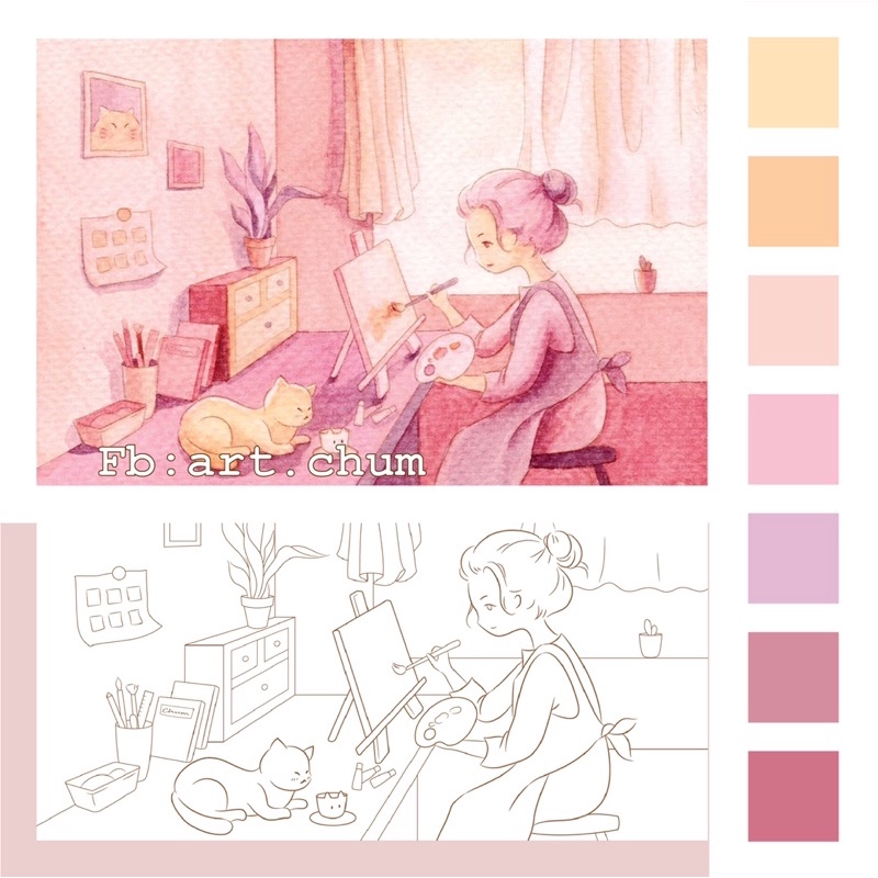 ( Tặng màu+ cọ) Bộ 10 tranh tô màu Mèo 2023 màu nước Sáng tạo, line art màu nước của Chum