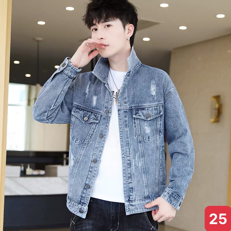 Áo khoác jean nam màu xanh nhạt trơn rách chất bò cao cấp co dãn 4 chiều, áo khoác rin nam đẹp ADO9 Nhiêu Mẫu Mới