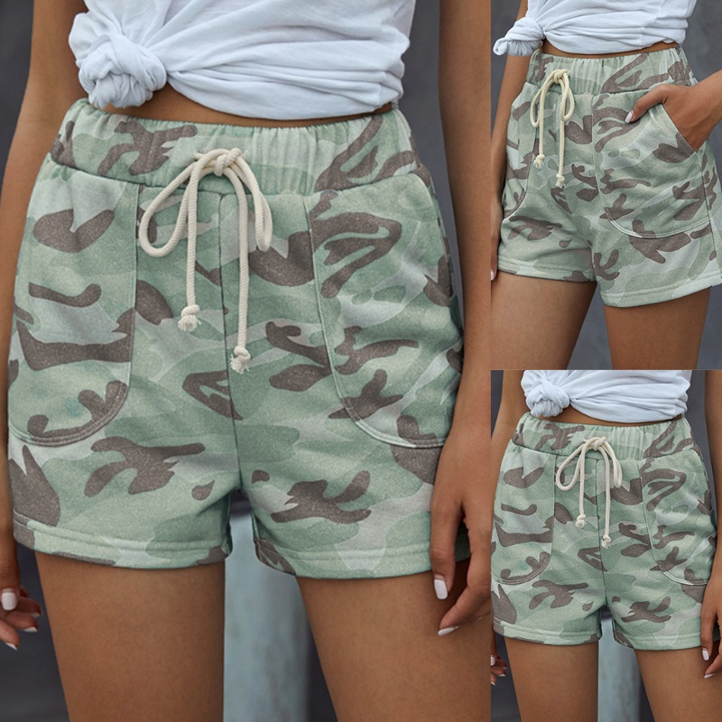 Quần Short Nữ Lưng Thun Rút Dây Họa Tiết Rằn Ri Phong Cách Vintage