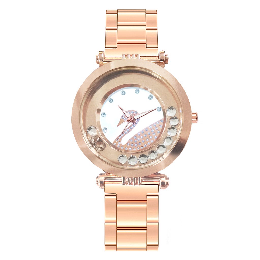 Đồng hồ quartz nữ đính đá phối dây thép không gỉ sang trọng thanh lịch