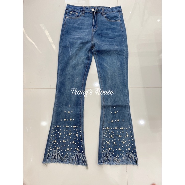 Quần jean ống loe đính hột SANG CHẢNH lấp lánh có CLIP và ẢNH THẬT