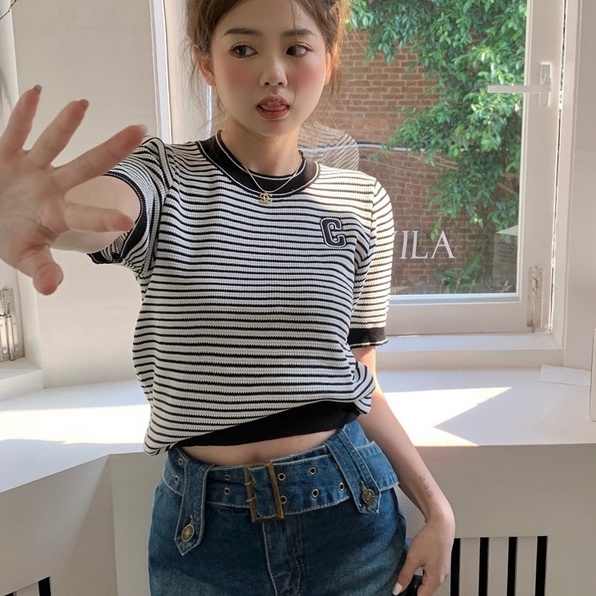 Áo Thun Dệt Kim Ngắn Tay Họa Tiết Kẻ Sọc Màu Sắc Tương Phản