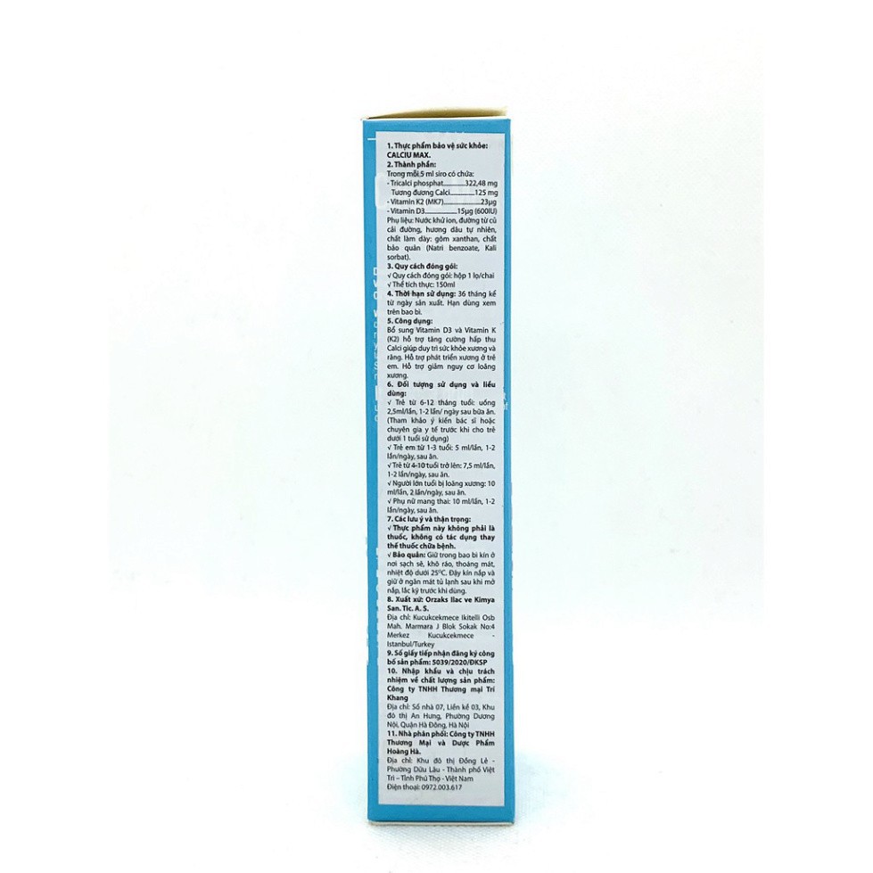 Calciu Max - Bổ sung Viamin D3, K2. Tăng hấp thu Calci. Hỗ trợ phát triển xương (Chai 150ml) giá tốt