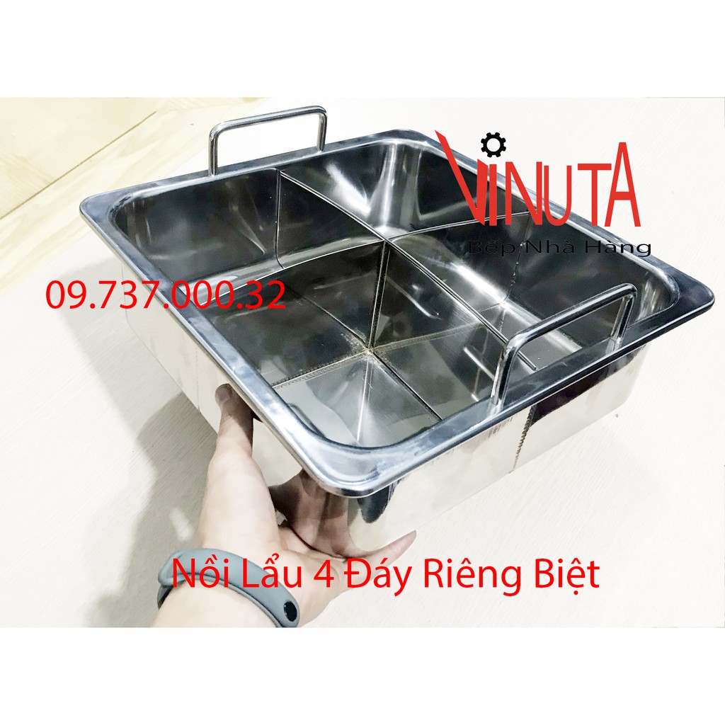 nồi lẩu inox 4 ngăn, Xoong nấu lẩu inox 4 đáy hình vuông dày