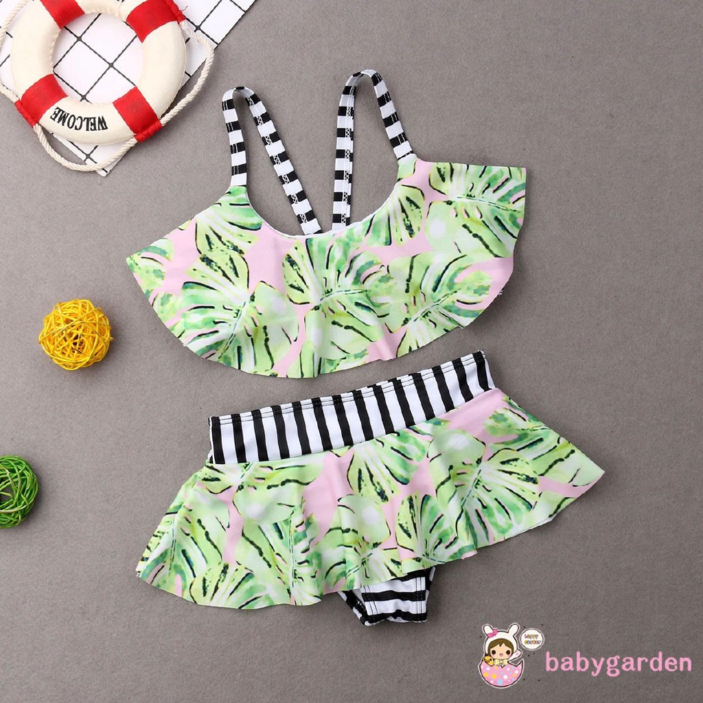 Bikini 2 mảnh họa tiết lá + sọc ngang phối bèo thời trang cho nữ