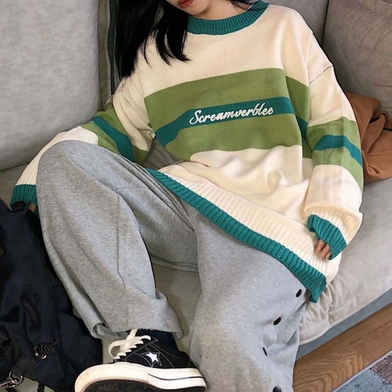 Áo sweater dệt kim mặc chui đầu cổ tròn dáng rộng phối màu kiểu Hàn Quốc thời trang thu đông