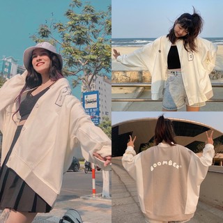 Áo khoác cardigan boomber unisex - áo khoác nỉ trắng raglan phối be xám cúc cài in chữ b