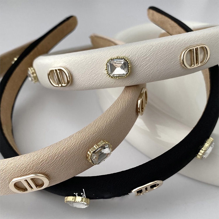 Băng Đô Cài Tóc Bản Rộng Dày Dặn Đính Đá In Chữ Phong Cách Retro Pháp Cao Cấp