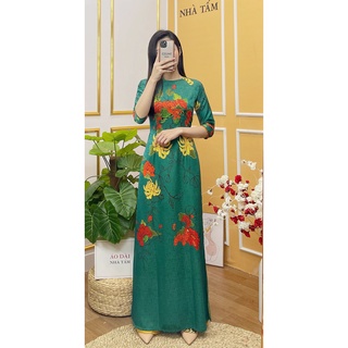 Áo lụa đông hưng cao cấp nền xanh hoa vàng đỏ - h50