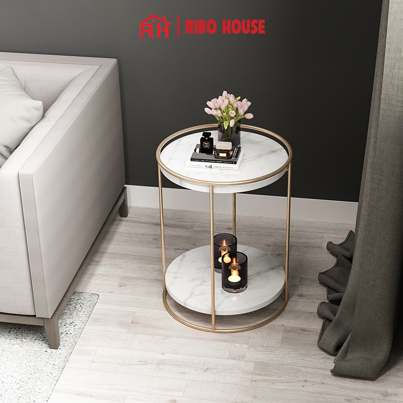 Bàn trà tròn sofa RIBO HOUSE mặt đá 2 tầng, bàn decor phòng khách ban công tiệm nails spa salong tóc mẫu 8 RIBO185