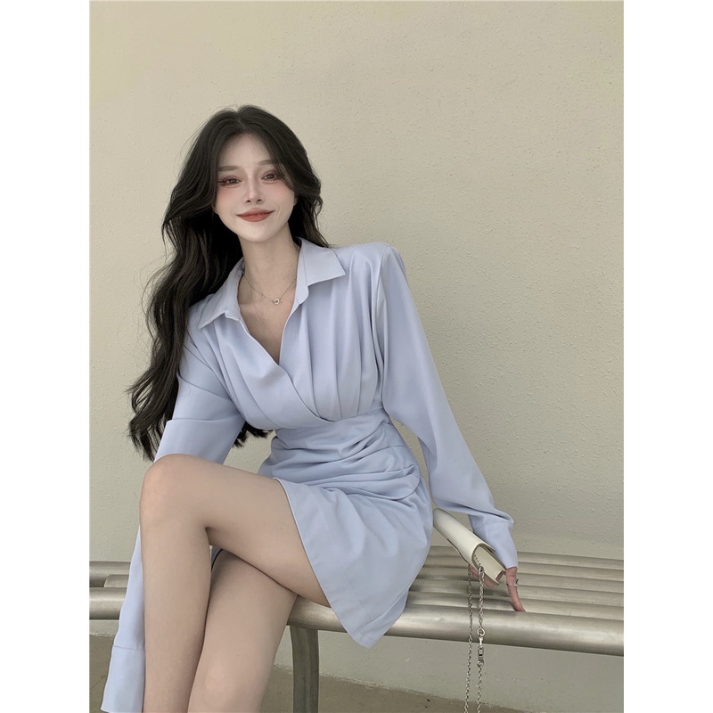 Váy sơ mi nữ lệch tà xanh pastel nhẹ nhàng sexy Firstdateclothing