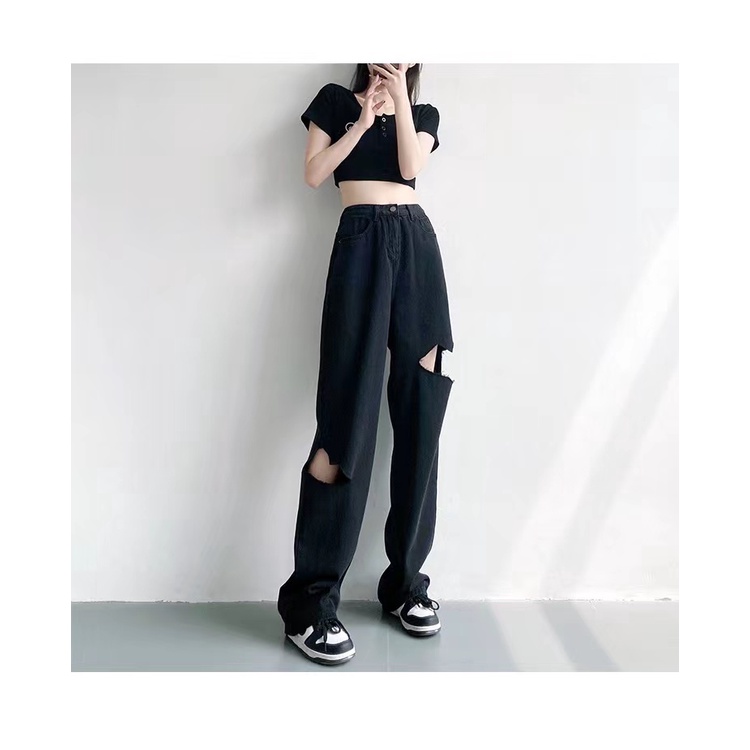 Quần Jean Nữ Cạp Cao Ống Rộng Rách Gối Phong Cách Mới