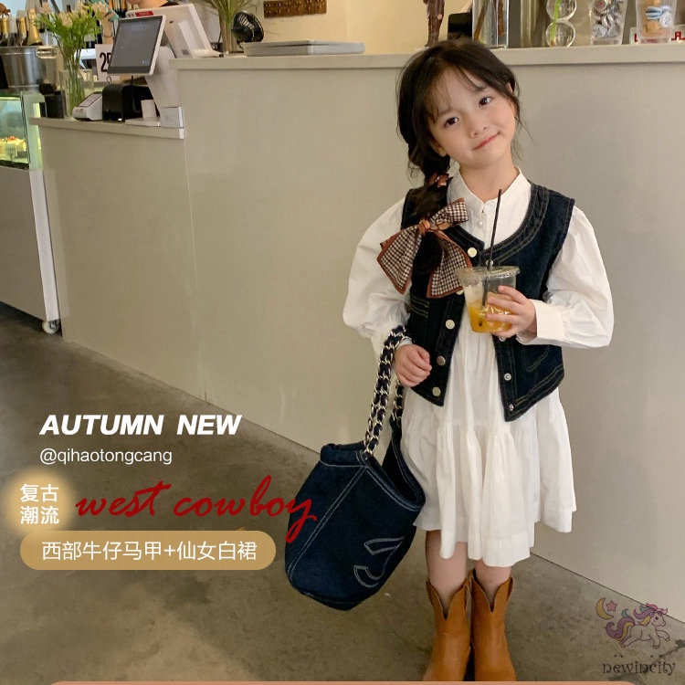 Bộ Áo Denim Không Tay + Đầm Trắng Thời Trang Hàn Quốc Dành Cho Bé Gái