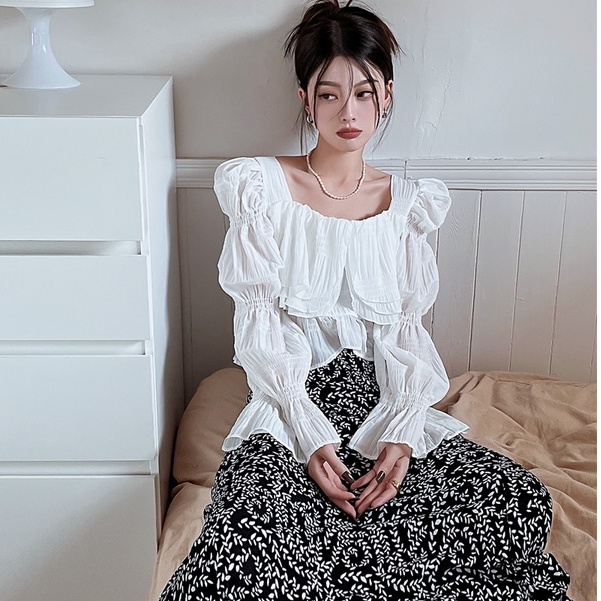 Set Áo Sơ Mi Trắng Tay Dài Phồng Cổ Tròn + Chân Váy Hoa Lưng Cao Xẻ Tà Phong Cách Hàn Quốc Thời Trang Mùa Thu Mới Cho Nữ