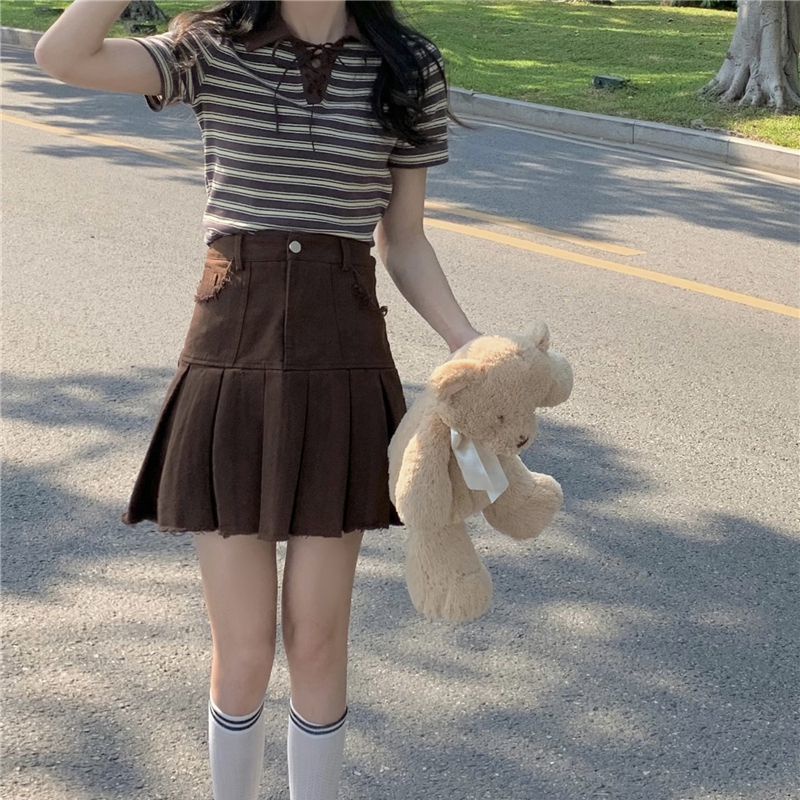 AMOI Set Áo Sơ Mi Kẻ Sọc + Chân Váy Xếp Ly Thời Trang Nữ Tính