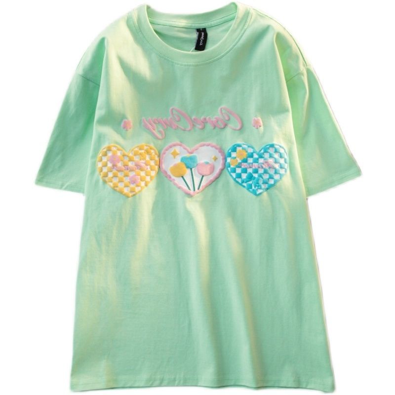 Áo Thun Tay Ngắn Dáng Rộng Chất Liệu Cotton Nguyên Chất In Họa Tiết Trái Tim Thời Trang Dành Cho Nữ