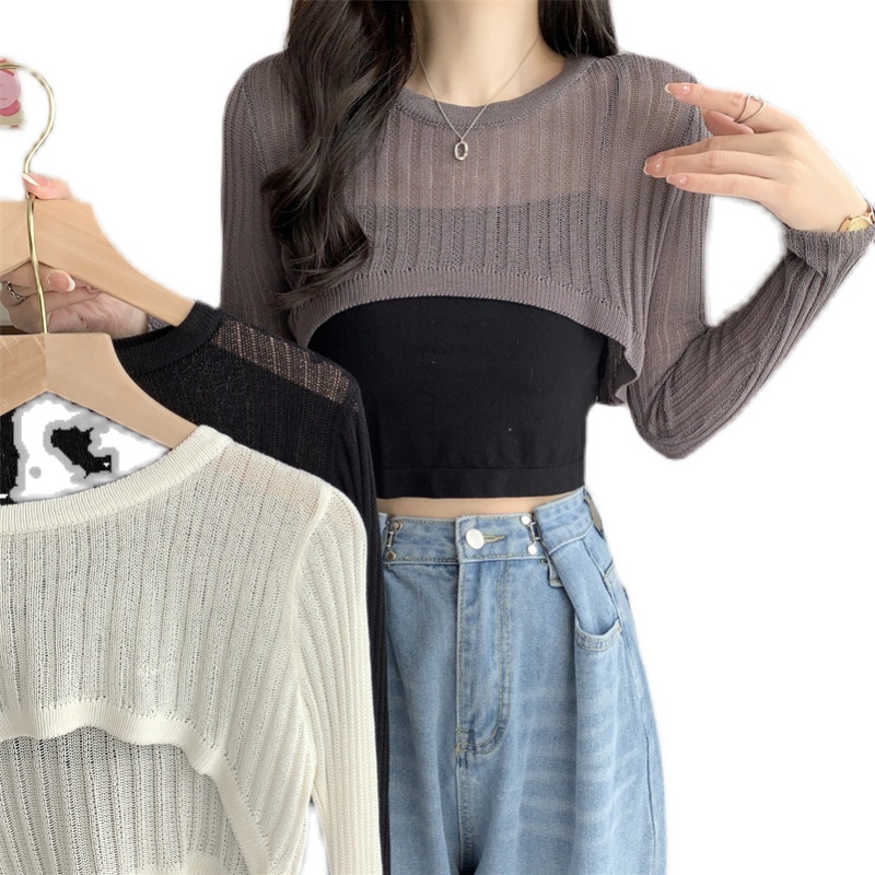 SUXI Áo Croptop Dệt Kim Tay Dài Dáng Rộng Chống Nắng Màu Sắc Trơn Phong Cách Hàn Quốc Thời Trang Mùa Hè Cho Nữ