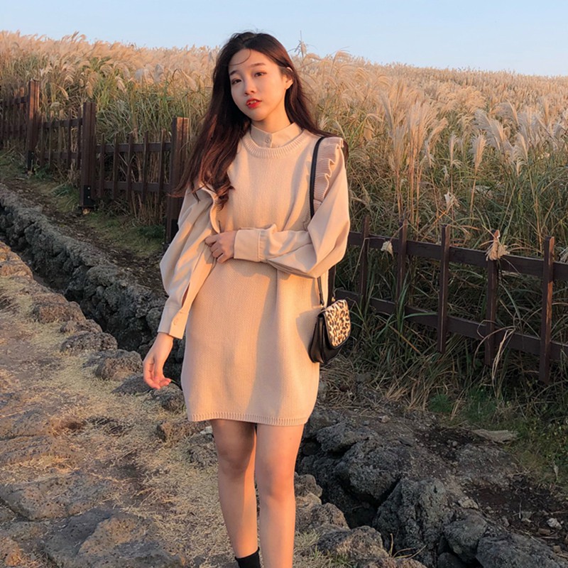 Váy ulzzang áo sơ mi set váy nữ đẹp sơ mi dài tay đầm len gile mỏng áo kiểu dáng hàn quốc | BigBuy360 - bigbuy360.vn