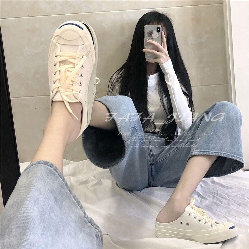 Giày Lười Vải Canvas Màu Trắng Không Gót Thời Trang Mùa Hè Hàng Mới Dành Cho Học Sinh Nữ