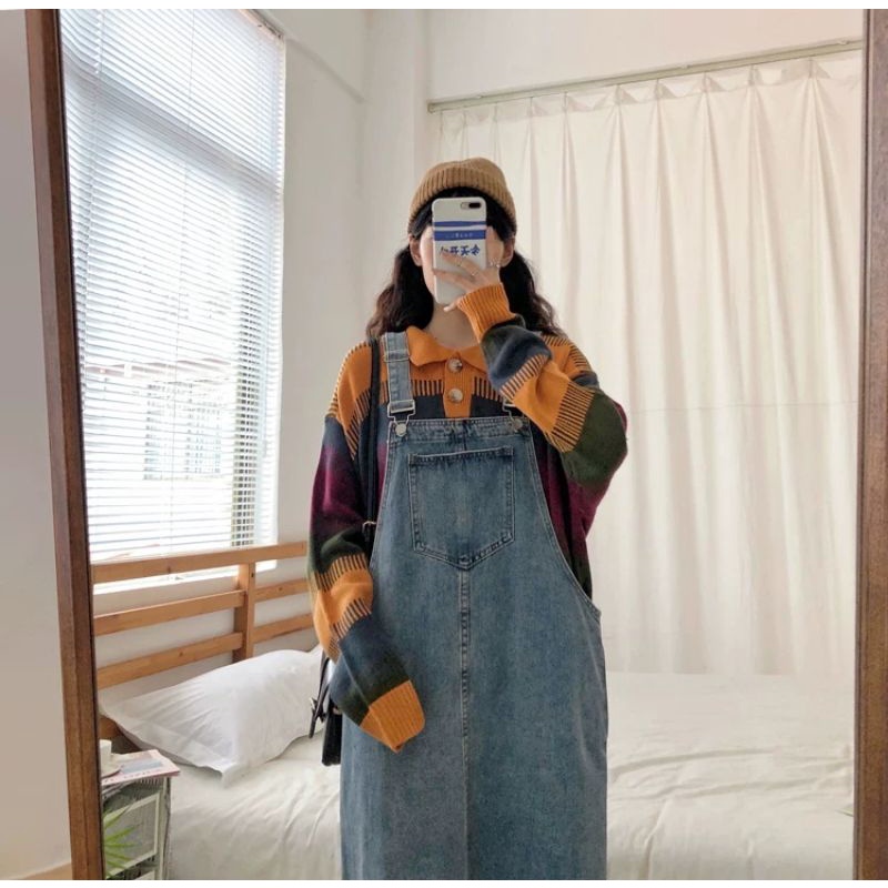 (40-65kg)Váy yếm jeans dài dáng chữ A, phong cách Hàn Quốc