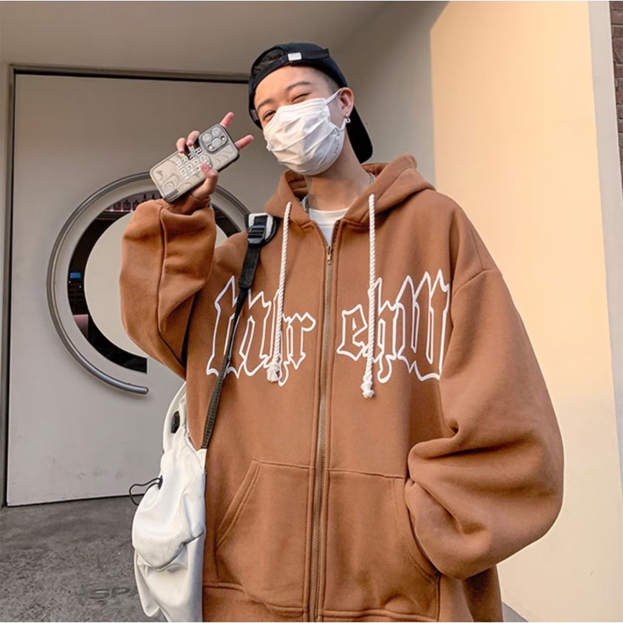 Áo Khoác dây kéo Có Nón Dáng Rộng In Chữ Áo hoodie Phong Cách Hàn Quốc áo hoodie dây kéo Thời Trang áo khoác hoodie Nam Nữ