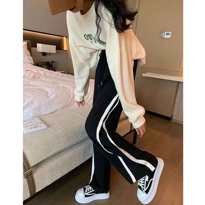 Quần dài ZHELIHANGFEI lưng cao ống rộng họa tiết sọc thời trang cho nữ