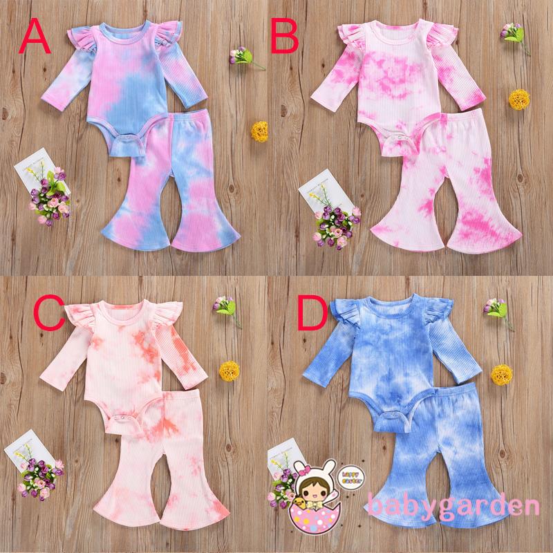 Bộ quần áo dài tay đáy tam giác + quần dài màu tie-dye thời trang sành điệu cho bé gái